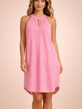 C&C California 100% Linen Pink Sleeveless Keyhole Halter Shift Dress Size M